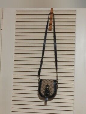 Coach Beige Signature Canvas Crossbody with Black Leather Trim